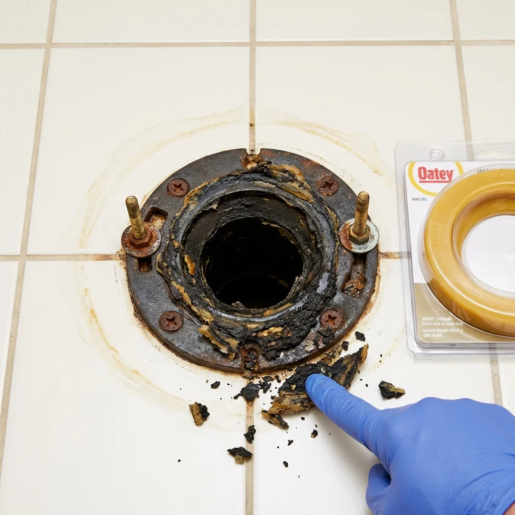 Failed wax ring showing water seepage at the base of a toilet in a Randolph, NJ home