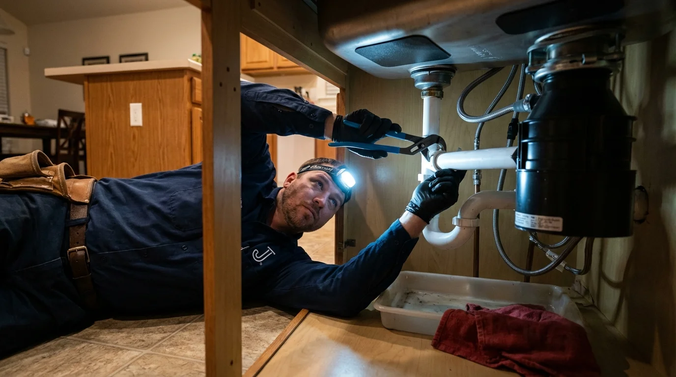 P-trap and supply line connections under a kitchen sink showing a common leak point in Randolph, NJ